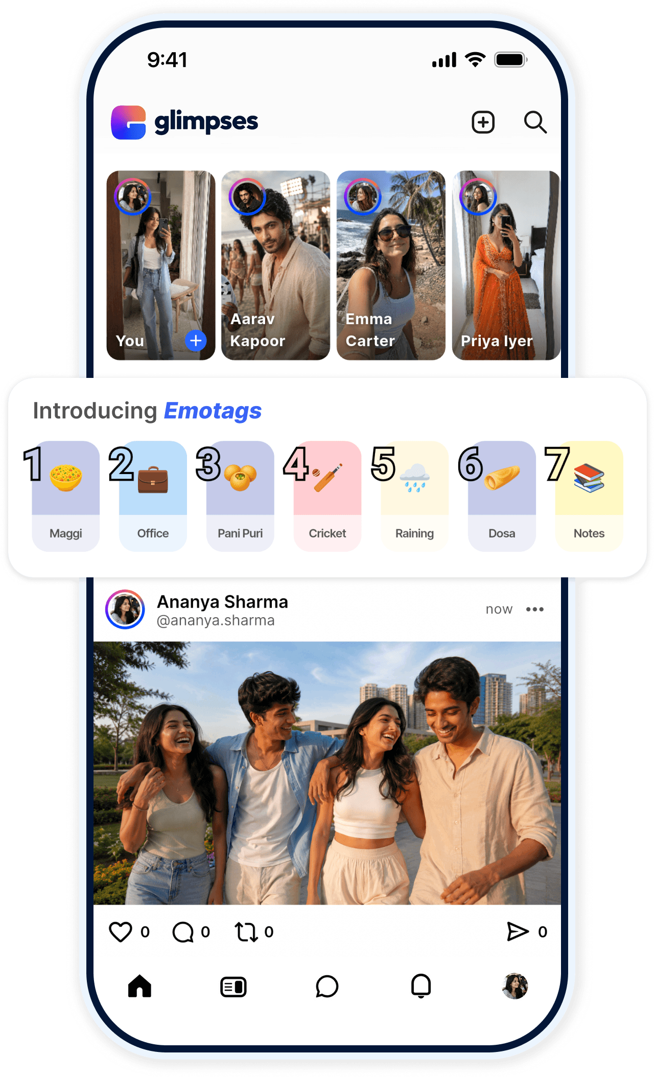 Glimpses home screen with posts, stories, Emotags, and friends