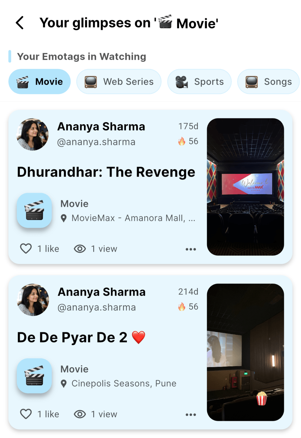 Glimpses Emotag collection screen showing every Movie glimpse together